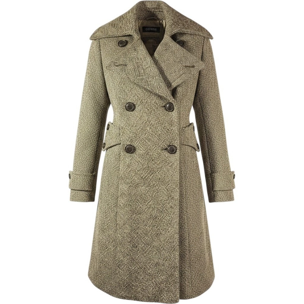 Vintage Guess Women Small Tweed Wool Pea Plaid Double Breasted Trench Coat Olive